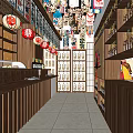 Traditional Japanese Restaurant Interior With Red Lanterns Wooden Shelves And Sake Bottles