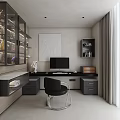 Modern Study Room With Built in Shelves And Computer Desk 3d model