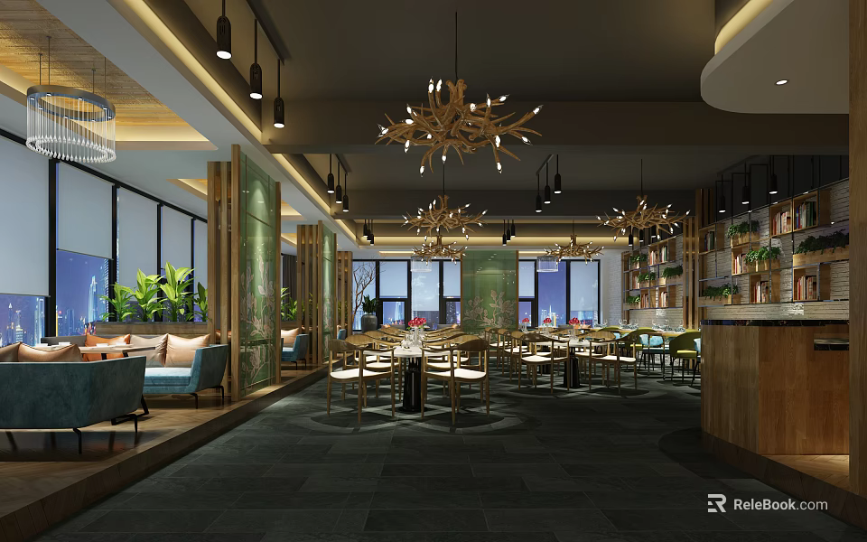 Modern Restaurant Interior With Wooden Chandeliers Green Plants And Spacious Dining Area 3d model 