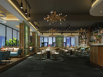 Modern Restaurant Interior With Wooden Chandeliers Green Plants And Spacious Dining Area 3d model