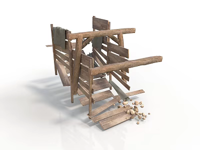 Modern Indoor Wooden Structure Design Featuring Stacked Planks And Scattered Wood Chips 3d model