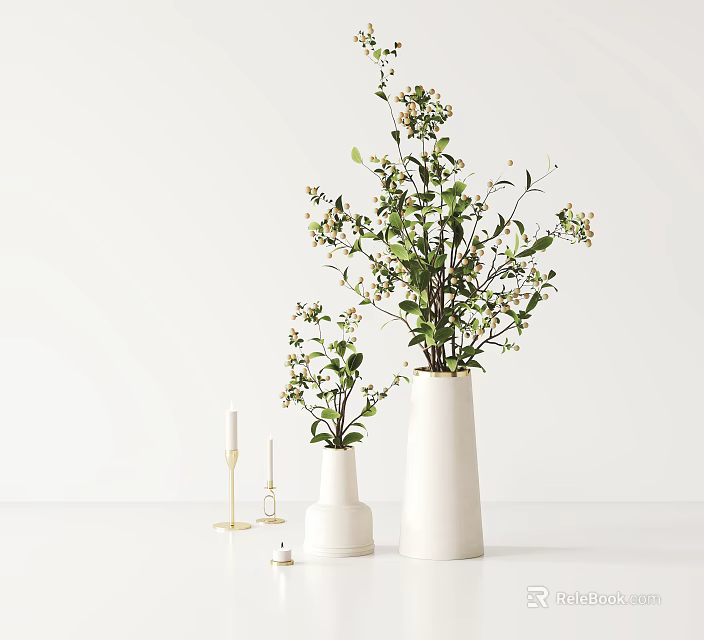 White Vases Featuring Green Foliage Small White Flowers and Gold Candle Holders on White Surface 3d model 
