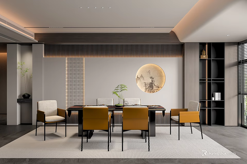 Elegant Modern Restaurant Interior With Dining Table Comfortable Chairs And Round Decorative Art 3d model 