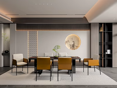 Elegant Modern Restaurant Interior With Dining Table Comfortable Chairs And Round Decorative Art 3d model
