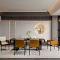 Elegant Modern Restaurant Interior With Dining Table Comfortable Chairs And Round Decorative Art 3d model