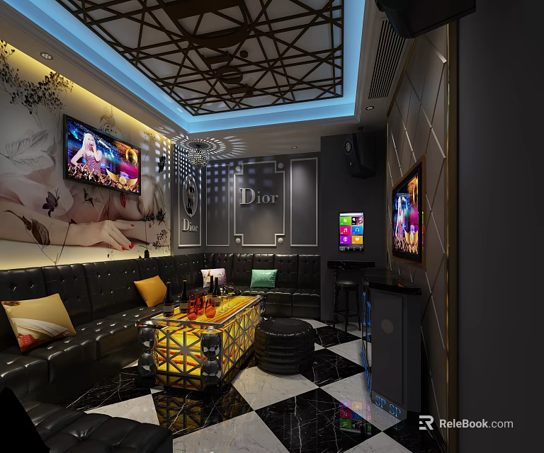 Modern KTV Interior Design With Black Sofa Multiple TV Screens And Decorative Coffee Table 3d model 