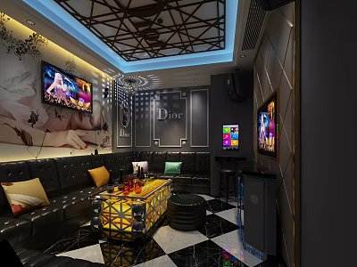 Modern KTV Interior Design With Black Sofa Multiple TV Screens And Decorative Coffee Table 3d model