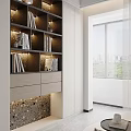 Modern White and Wooden Sideboard with Glass Doors LED Lighting and Textured Backsplash