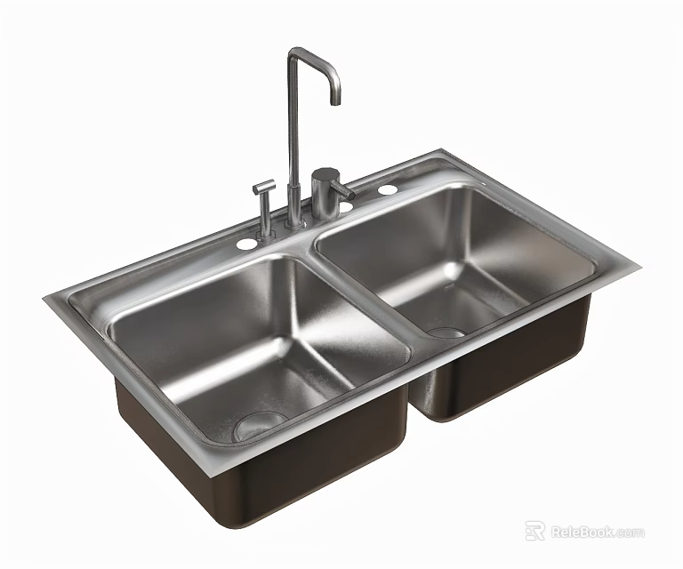 Practical Stainless Steel Double Bowl Kitchen Sink With Modern Faucet Design And Durable Build 3d model 