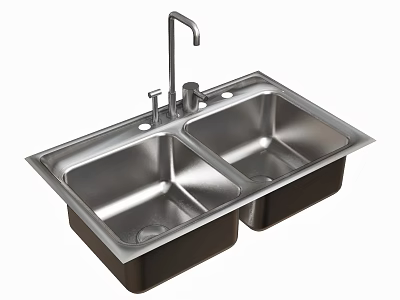 Practical Stainless Steel Double Bowl Kitchen Sink With Modern Faucet Design And Durable Build 3d model