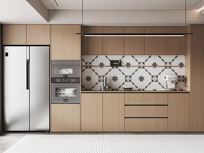 Modern Kitchen Sideboard With Wooden Cabinets Tile Backsplash And Built-in Appliances 3d model