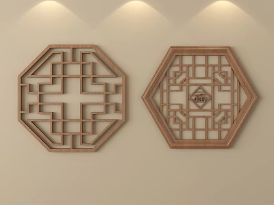 Octagonal Carved Wooden Lattice Windows With Traditional Geometric Patterns And Fortune Character Design 3d model