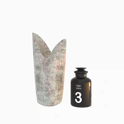Stylish Decorative Ornament Combination With Textured Gray Vase And Black Number 3 Bottle 3d model