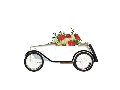 Vintage Car Model Garden Ornament With Red White Flowers And Green Leaves 3d model