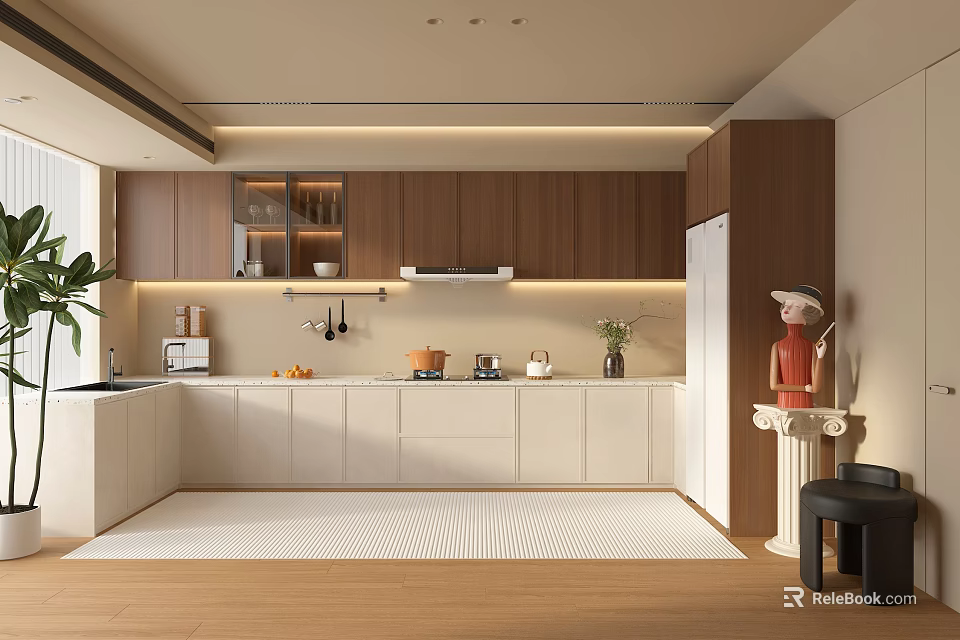 Modern Kitchen Interior Design With Wooden Cabinets White Countertops Natural Light And Window 3d model 