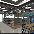 Baby Products Specialty Store with Shelves Product Displays Baby Cart Checkout Counter and Bright Lighting