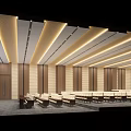 Modern Conference Room Interior With Wooden Panel Walls Linear Ceiling Lights And Organized Seating Arrangement