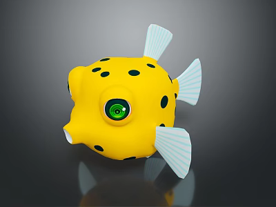 Yellow Pufferfish Character and Marine Creature Design with Black Spots White Fins and Green Eyes 3d model