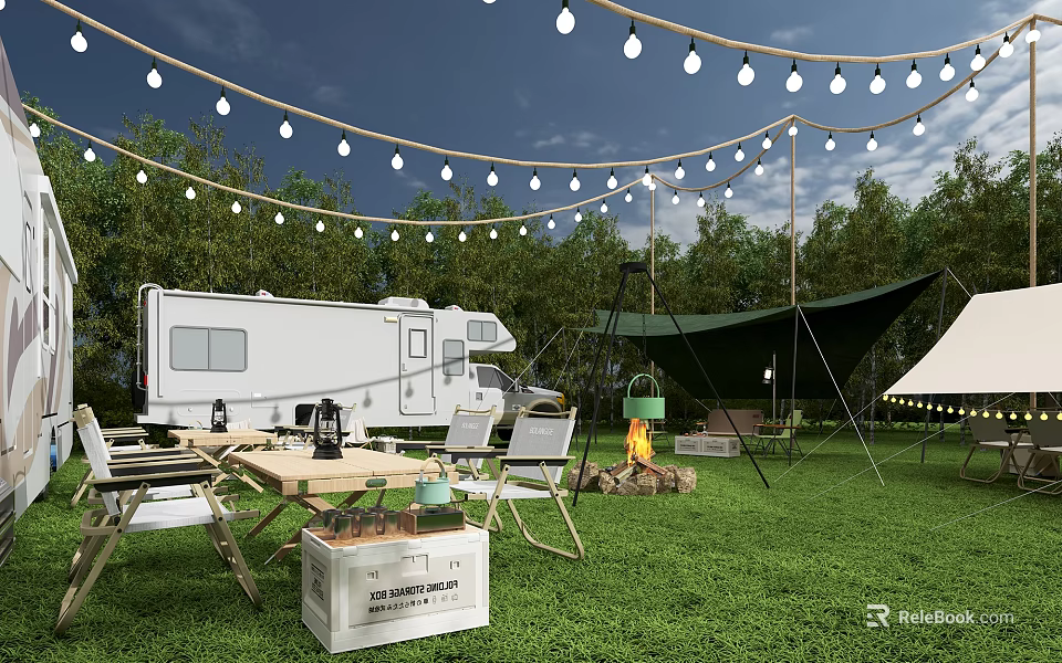 Outdoor Garden Landscape With White Trailer Green Hammock String Lights Fire Pit And Green Lawn 3d model 