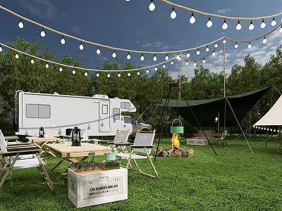 Outdoor Garden Landscape With White Trailer Green Hammock String Lights Fire Pit And Green Lawn 3d model