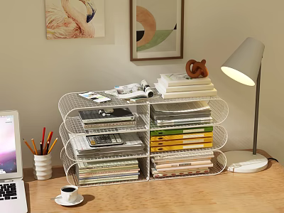 White Metal Mesh Bookcase With Books Files Laptop Table Lamp And Coffee Cup 3d model