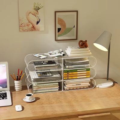 White Metal Mesh Bookcase With Books Files Laptop Table Lamp And Coffee Cup 3d model