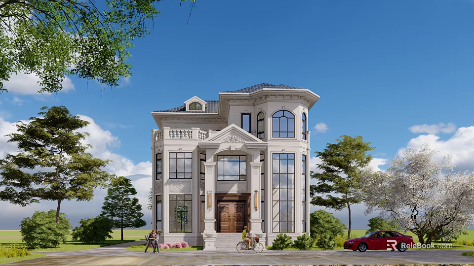 Luxury Detached Villa With Large Windows Stone Steps Red Car And Green Trees 3d model 