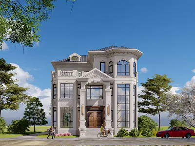 Luxury Detached Villa With Large Windows Stone Steps Red Car And Green Trees 3d model