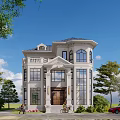 Luxury Detached Villa With Large Windows Stone Steps Red Car And Green Trees