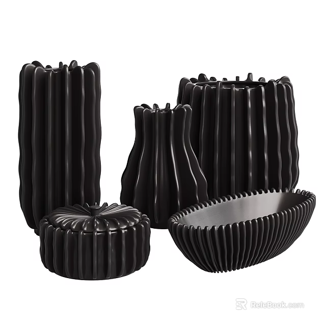 Black Ceramic Vessels with Ribbed Texture in Various Shapes for Decorative Use 3d model