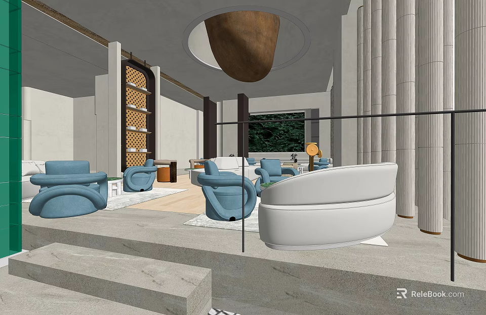 Modern Leisure Area With Blue Sofas White Chair Green Plants And Large Windows 3d model 