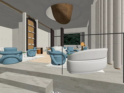 Modern Leisure Area With Blue Sofas White Chair Green Plants And Large Windows 3d model