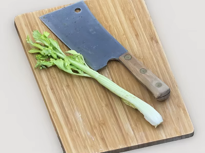 Fresh Celery Stalk On Bamboo Cutting Board With Sharp Cleaver For Food Preparation 3d model