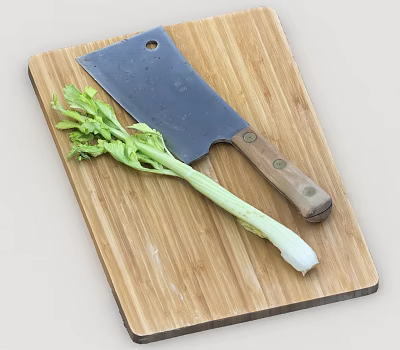 Fresh Celery Stalk On Bamboo Cutting Board With Sharp Cleaver For Food Preparation 3d model
