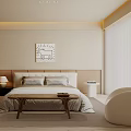 Minimalist Bedroom Interior With Wooden Headboard Nightstand Lamp Wall Artwork Rug Chair And Sheer Curtains