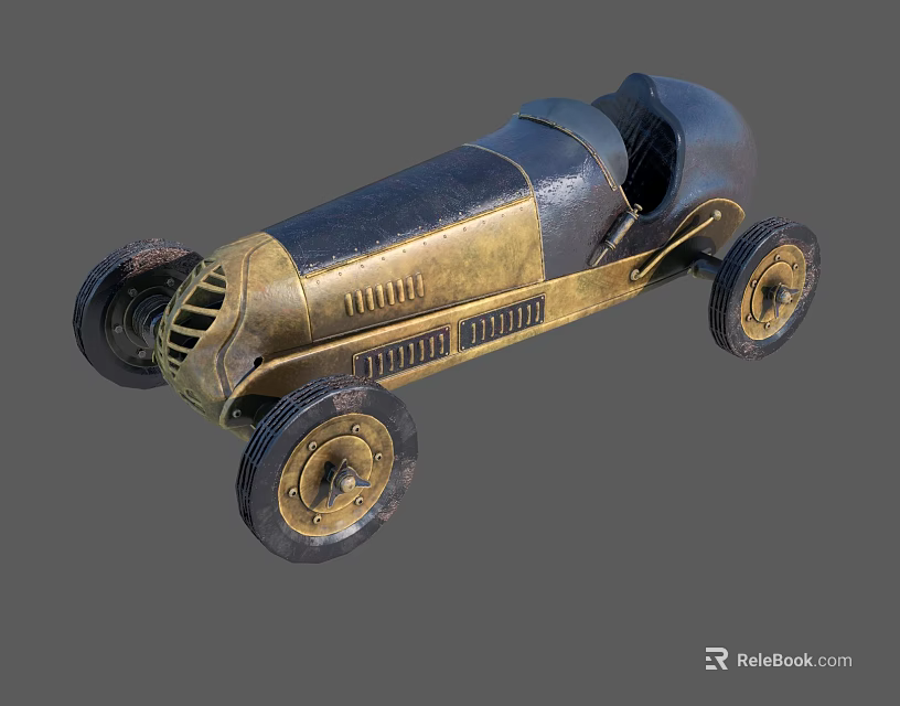 Vintage Toy Race Car With Brass And Black Streamlined Metal Body 3d model 