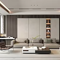 Modern Living Room Interior With TV Wall Bookshelves Coffee Table Leather Chair And Potted Plant