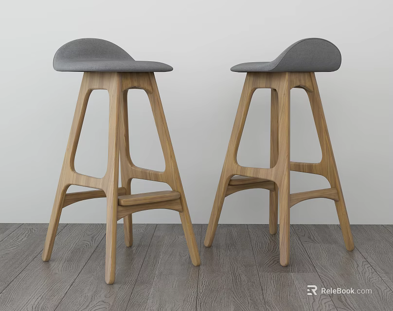 Modern Wooden Bar Stools With Grey Seats And Unique Leg Design 3d model