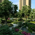 Lush Greenery Residential Landscape With High Rise Buildings Water Features Pavilion And Colorful Flowers