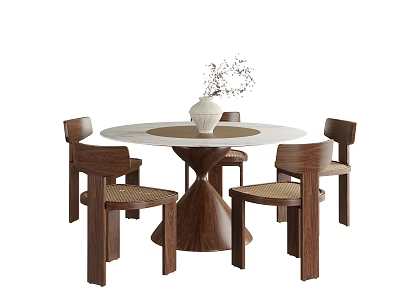 Modern Round Dining Table and Chair Set with Walnut Wood Woven Seats and White Vase 3d model