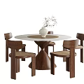 Modern Round Dining Table and Chair Set with Walnut Wood Woven Seats and White Vase