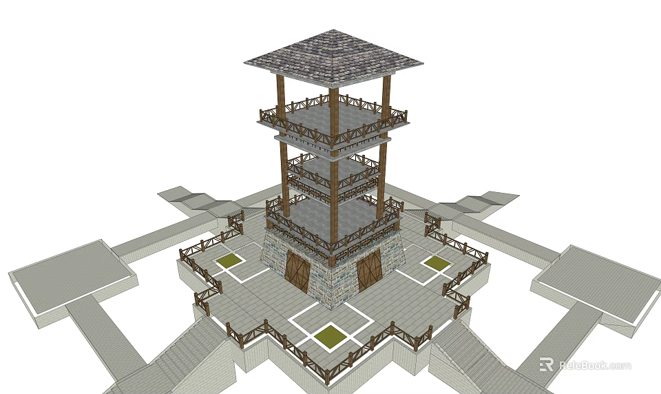 Traditional Pagoda Design with Multiple Floors Wooden Railings Tiled Roof on Square Base Surrounding Steps 3d model 