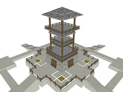 Traditional Pagoda Design with Multiple Floors Wooden Railings Tiled Roof on Square Base Surrounding Steps 3d model