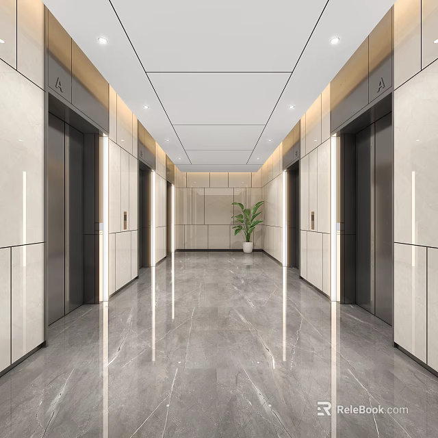 Modern Elevator Hallway Interior With Marble Floor Elevator Doors And Recessed Lighting 3d model