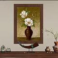 Plant Painting Featuring White Flowers Green Leaves in Dark Wooden Frame with Shelf Decorative Vases