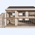Rural Self Built House Two Story With Balcony Large Glass Windows And Black Tiled Roof