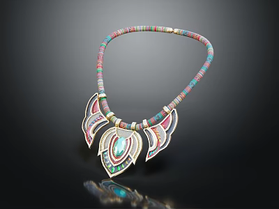 Colorful Beaded Necklace With Leaf Shaped Pendant And Blue Gemstone Centerpiece Design 3d model