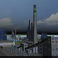 Industrial Factory Complex Featuring Tall Green Stripe Chimney Pipes And Storage Tanks