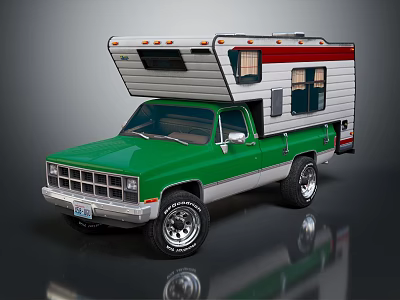 Green Pickup Truck With Pop Up Camper Trailer Red And White Stripes On Exterior 3d model