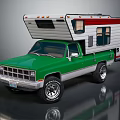 Green Pickup Truck With Pop Up Camper Trailer Red And White Stripes On Exterior